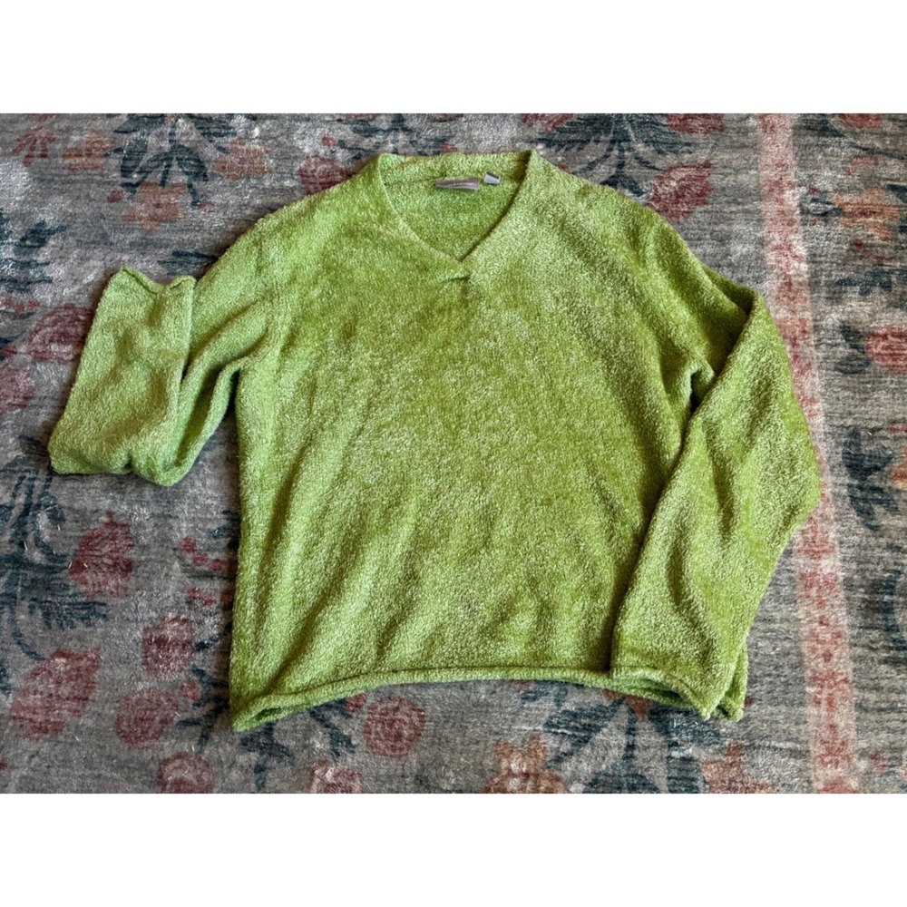Croft & Barrow Sweater Womens L Green Y2K V-Neck Boucle Knit Long Sleeve